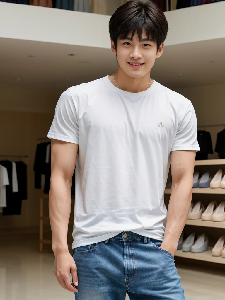 独奏: 1.5, (As a matter of fact, Masterpiece, 8k HD, good light quality, sportswear, fit the face, complicated details), A handsome Korean young man with muscular arms. , 20 years old, be happy, smile brightly, detailed face, delicate eyes, look at the sky, Wear a tight white t-shirt.:1.6, jeans period, black eyes, Black hair color, ผมsmooth, smooth,Surreal,Awesome details,Highest quality,real,Open your mouth to talk. , Close your eyes., (standing in department store:1.5)