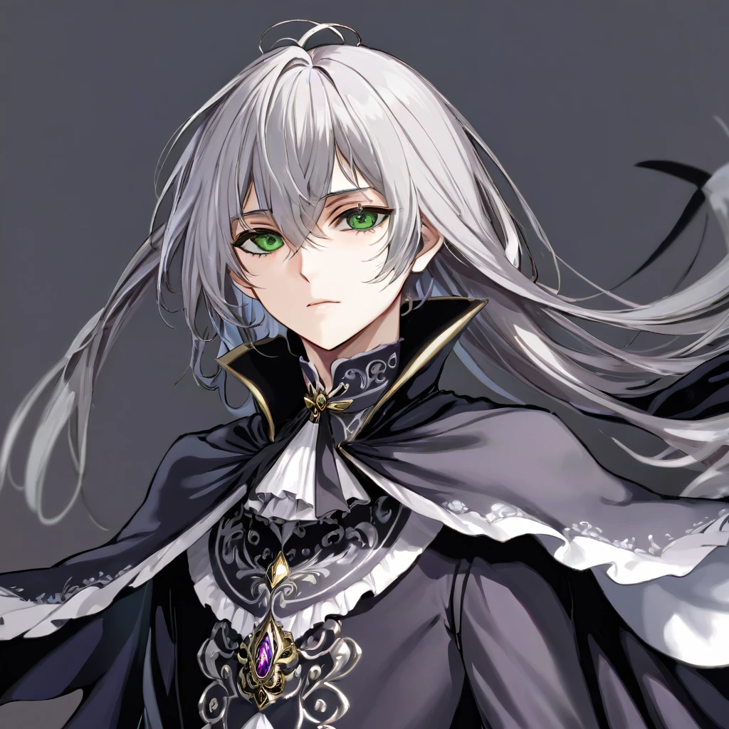 (Absurd, High resolution, Very detailed), 1 male, Dark green eyes, Silver Hair,, All-black formal wear, Victorian costume, Black Cape, (Cold Beauty: 1.2), Cat-like temperament, Adult, good looking, Thin man, Broad shoulders, Beautiful eyes and detailed features,