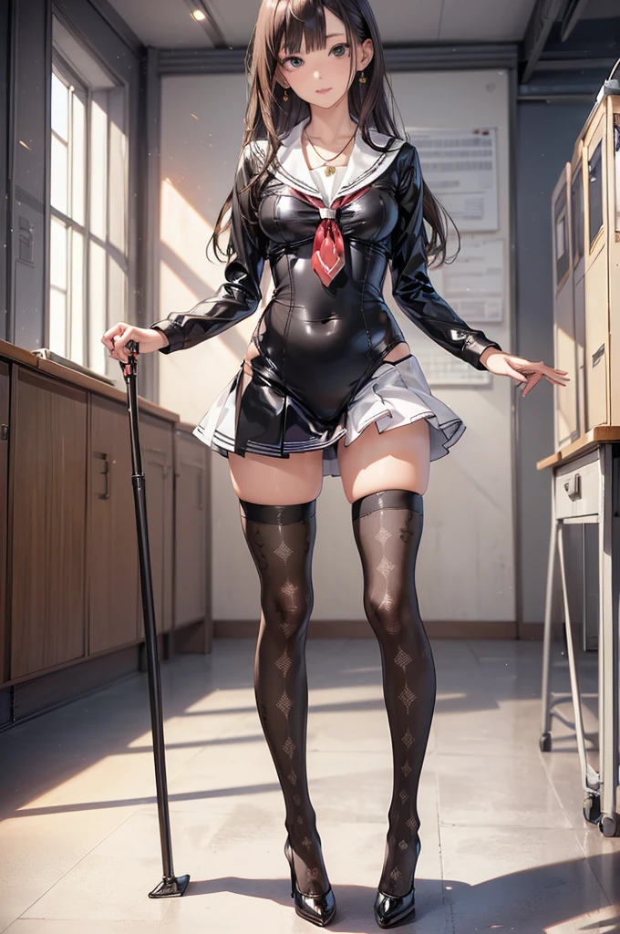 ((Biologically correct limb count)),(( From head to toe,Full-body photo including face)),4K,((Standing position)),masterpiece,((Focus on the face)),((Symmetrical facial features)),Eyes with detailed description,Beautiful woman,Great style,Beautiful arms,Beautiful legs,Beautiful Hands,(Small Ass,Thin thighs),Facial detailing,Small earrings,necklace,(Latex sailor suit,mini skirt((High heels,Patterned stockings))),((Taking a class in a school classroom)),,Realistic photo,Stand at an angle