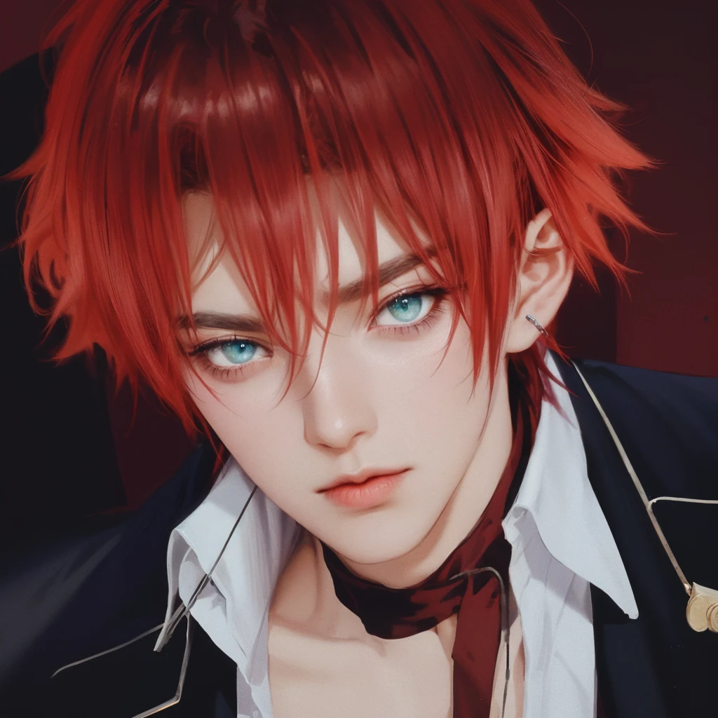 (masterpiece,best quality,ultra_detailed,highres,absurdres),1 mature male, 30-ish, (wide shoulder), (muscular), male focus, solo, red hair, chain, shirt, black necktie, necktie, simple background, green eyes, upper body, vest, long hair, looking at viewer, parted lips, collared shirt, round eyewear, long sleeves, black shirt, black vest, monocle, jewelry, lawyer, court background.