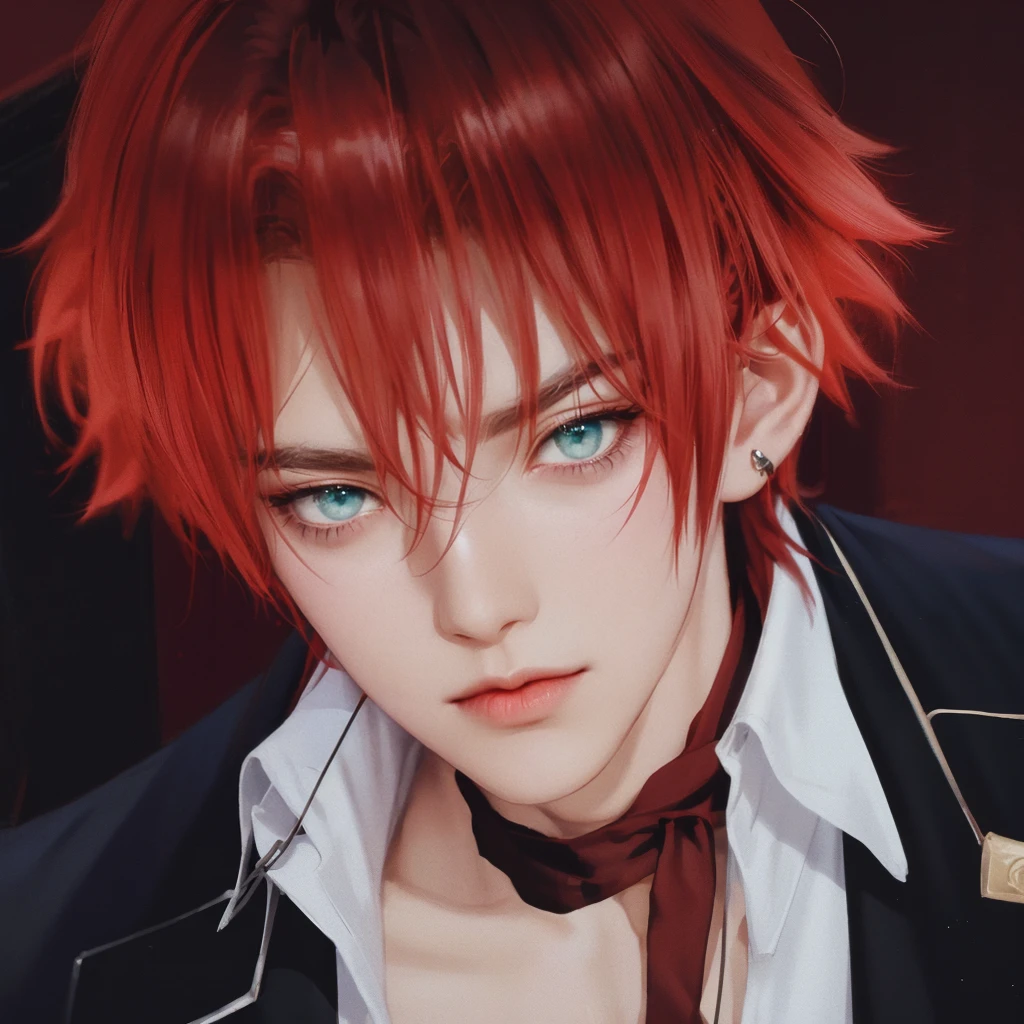 (masterpiece,best quality,ultra_detailed,highres,absurdres),1 mature male, 30-ish, (wide shoulder), (muscular), male focus, solo, red hair, chain, shirt, black necktie, necktie, simple background, green eyes, upper body, vest, long hair, looking at viewer, parted lips, collared shirt, round eyewear, long sleeves, black shirt, black vest, monocle, jewelry, lawyer, court background.