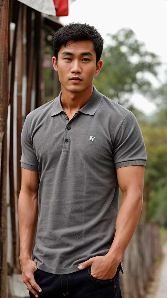 Thai man ,man，He is about 30 years old..，Rough and handsome appearance，large breastsj，Big waistline，buzz cut, angry, sullen, best quality, Masterpiece，（Have muscles：4.5），(best quality,high resolution,Masterpiece:1.2),The eyes are natural and delicate..,1 person,alone,gay asian,muscle,Long legs,brave,short hair details,conjunctivitis ,strong,brown eyes, (outdoor background road :1.5)，in the market，sit (Grey Polo Shirt:1.3),Jeans