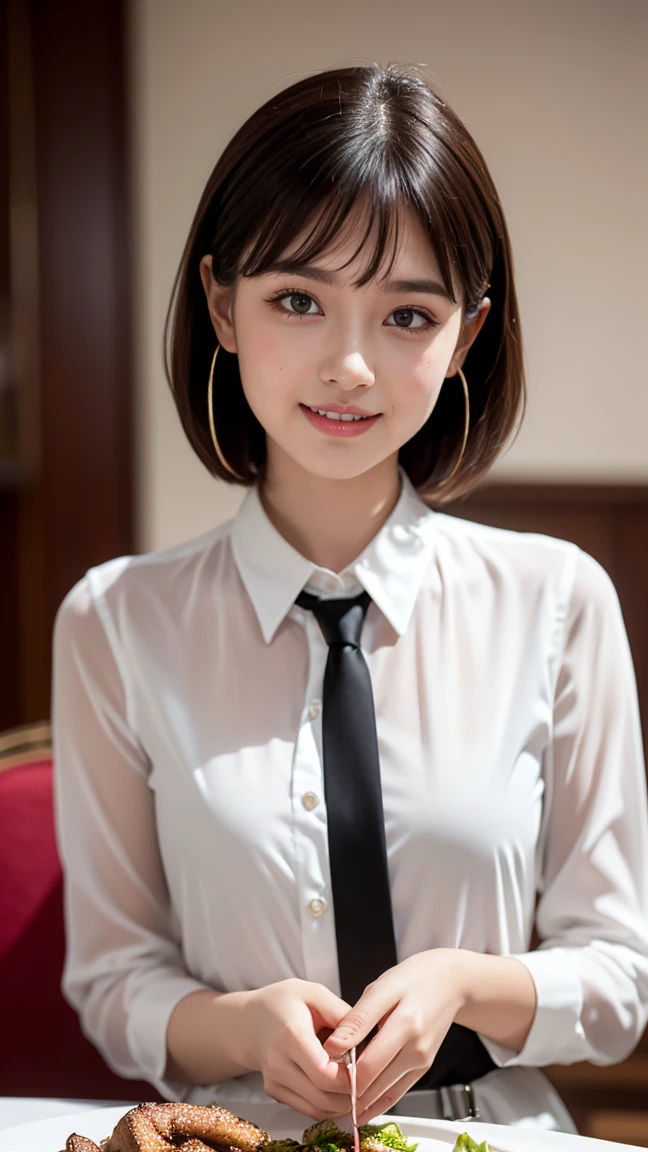 (masterpiece)、(Highest quality:1.5)、(Photorealistic:1.2)、(Surreal), (High resolution), (Realistic), (Post-processing),(Sharp focus), Sharp focus:1.2,Backlight, (Improvement of quality:1.4), (Narrow waist)、Big Ass、((Perfectly detailed five-fingered hands)),(Anatomically correct body)、((1 female:1.4))、Japanese、Realistic Skin、(Small chest:1.4)、Bust size is A cup、Pretty woman with perfect figure:1.4,(from the front:1.5), (Enhances the beauty of skin texture:1.1),No makeup、美しいBlack Hair、The best smile、Natural color lip、(Small Mouth:1.4)、The mouth is not open、Thick lips、(Oval Face)、Even bangs、Hide eyebrows with bangs、((33-year-old woman))、Bob Hair、Hair blowing in the wind, (Black Hair, Iris, Watery eyes, Shining Eyes, Bob Cut Hair, Small earrings,), Hair behind the ear、No makeup、(Drooping eyes)、(((One lovely woman)),((A big friendly smile)),(( Small breasts,Small breastsの谷間)),((((Plump Cheeks)))),((whole body:1.5)),very cute,(Baby Face),高級restaurantで、full-course dinner、Wine Party、Bright image、The beauty of wine, Beautiful Face, red wine 、Appetizers、Italian food、Wine bottle、Champagne、sparkling wine、(slimな顔), (The body is slim),restaurant, White wine, slim, wine glass, 中央に置かれたwine glass, Beautiful fine grain, Depth f/2,saturation, High Contrast, Strong light and shadow,Moist Body:1.5、3D texture、Delicate eyes、((In front of the food on the table:1.5))、White collar shirt and tie、erious expression