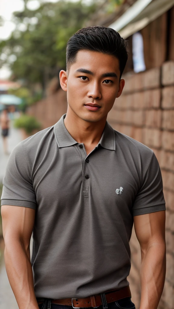 Thai man ,man，He is about 30 years old..，Rough and handsome appearance，large breastsj，Big waistline，buzz cut, angry, sullen, best quality, Masterpiece，（Have muscles：4.5），(best quality,high resolution,Masterpiece:1.2),The eyes are natural and delicate..,1 person,alone,gay asian,muscle,Long legs,brave,short hair details,conjunctivitis ,strong,brown eyes, (outdoor background road :1.5)，in the market，sit (Grey Polo Shirt:1.3),Jeans