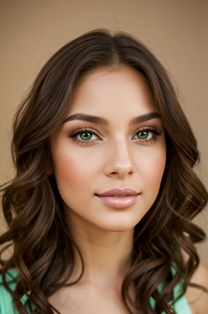 beautiful young woman, High quality. Twenty-seven year old woman. Short stature and thin body, with curves in the right places. wide, color chocolate, curly. heart shaped face, pretty little nose, big hazel eyes with green, and long, bushy eyelashes. Has slightly separated incisors, but that only increases the attractiveness of his kissable lips.
