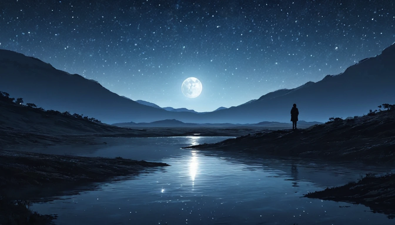 a lonely figure in the vast, dark wilderness at night, faint stars in the sky, a faint reflection of the moon on the water surface