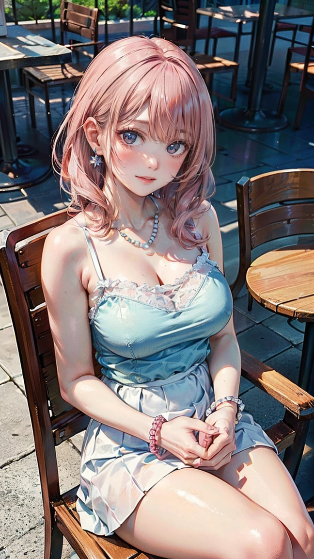 (Masterpiece, BestQuality:1.3), (ultra detailed:1.2), (hyperrealistic:1.3), (RAW photo:1.2), High detail RAW color photo, professional photograph, (Photorealistic:1.4), (realistic:1.4), (Pink Hair:1.5), professional lighting, perfect anatomy, (Big Breasts:1.2), (blush, detailed face), (cheerful Smile:1.5), Trending Hair&Trending Hairカラーをランダムに, earrings, necklace, bracelet, sexly, erotic sexly, Random sexy gravure poses, (Beautiful woman wearing a baby blue camisole and white skirt、Relaxed look on the cafe terrace、Pearl Earrings、Pose of sitting on a chair and crossing your legs。:1.3)