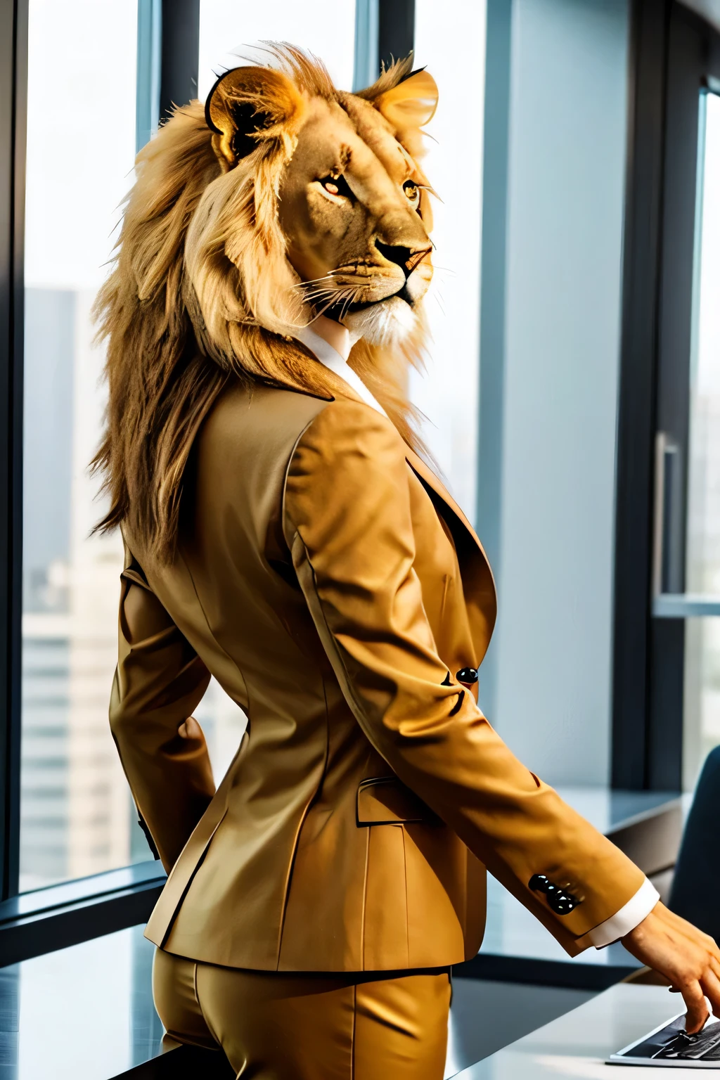 Create an image of an anthropomorphic lioness that has a completely animalistic lioness head and face, detailed and realistic. She is dressed in a chic, well-tailored business suit. The lioness should convey a sense of professionalism and elegance, standing in an office setting with sophisticated lighting that highlights her regal mane and the texture of her business attire. The image should beautifully merge the wild attributes of a lioness with the refined aesthetics of a human professional environment.