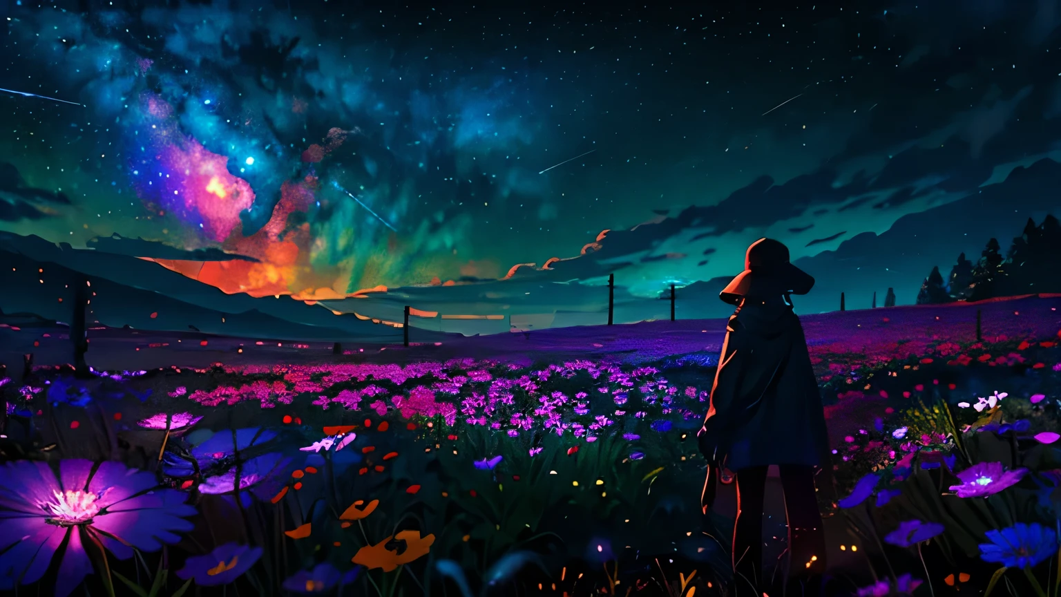 Wide landscape photography, (View from below, The sky is above, And the open field is below), (A girl standing in a flower field looking up), (full moon: 1.2), (meteor: 0.9), (nebula: 1.3), Distant Mountain々 , wood,Creating Art, (Warm Light: 1.2), (fire Fly: 1.2), Light, Lots of purple and orange, Intricate details, Volumetric Lighting Break (masterpiece: 1.2), (Highest quality), 4K, Super detailed, (Dynamic configuration: 1.4), Rich color and detail, (Rainbow colors: 1.2), (shine, Atmospheric lighting), dream-like, Magic, (alone: 1.2)