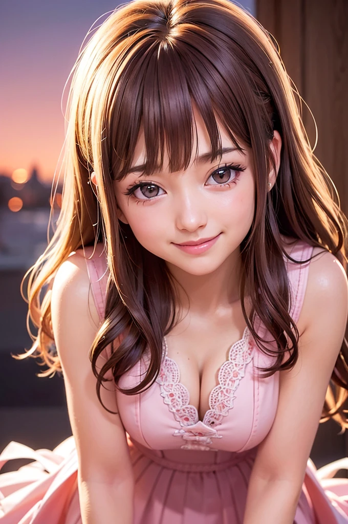 (Highly detailed CG Unity 8k wallpaper, top quality, ultra-detailed, high resolution, masterpiece, realistic, photorealistic:1.5), (cute Japanese girl), extremely detailed face, face focus, beautiful detailed eyes, eye focus, (detailed background), detailed clothes, super detailed skin, (adorable deep pink evening slit dress:1.5), (evening with many people background:1.6), midi wavy hair, brown hair, floating hair, medium breast, medium ass, (make up), (adorable smile:1.3), (POV:1.6),