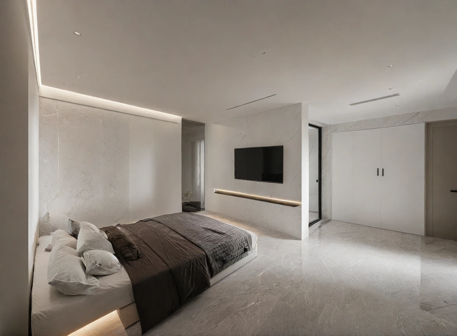 Raw photo,Masterpiece, high quality, best quality, authentic, super detail,
indoors, interior , (( BEDROOM :1.3)), modern style, daylight, (WHITE WALL),luxury, marble tile floor,