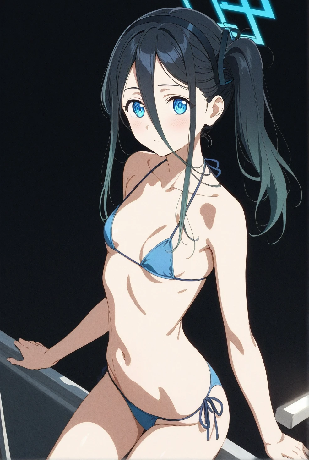 best quality, amazing quality, very aesthetic, absurdres, (1girl, aris, blue archive, solo, blue eyes), (realistic face:0.9),(string bikini:1.8), ( blush, thigh:1.3), (cowboy shot), (glowing eyes), (half closed eyes:0.9), (ass), (official art:1.3), (pool), expressive eyes, perfect face, extremely detailed eyes, perfect anatomy, smooth skin, (black background:1.5), clear eyes, beautiful face, small breasts, (anime style:1.7), (Warm Light:1.5), (highres:2), (Chiaroscuro),