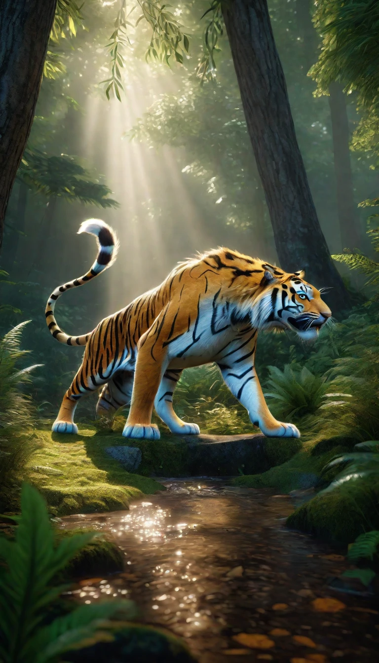 There is a wild beast in the forest,The body of a tiger,The tail of the cow(best quality,4K,8K,High level,masterpiece:1.2),Ultra Detailed,(lifelike,Photo real,Photo real:1.37),Highly detailed animals,Complex patterns,Realistic lighting,Fantasy Creatures