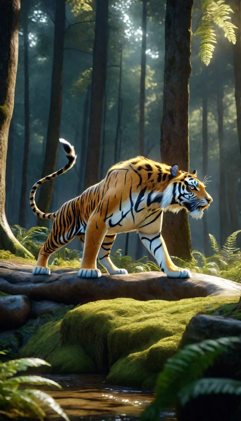 There is a wild beast in the forest,The body of a tiger,The tail of the cow(best quality,4K,8K,High level,masterpiece:1.2),Ultra Detailed,(lifelike,Photo real,Photo real:1.37),Highly detailed animals,Complex patterns,Realistic lighting,Fantasy Creatures