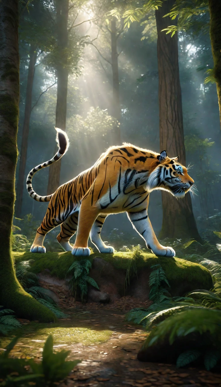 There is a wild beast in the forest,The body of a tiger,The tail of the cow(best quality,4K,8K,High level,masterpiece:1.2),Ultra Detailed,(lifelike,Photo real,Photo real:1.37),Highly detailed animals,Complex patterns,Realistic lighting,Fantasy Creatures