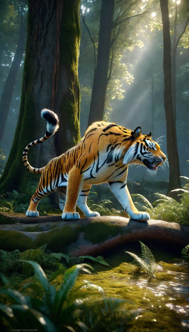 There is a wild beast in the forest,The body of a tiger,The tail of the cow(best quality,4K,8K,High level,masterpiece:1.2),Ultra Detailed,(lifelike,Photo real,Photo real:1.37),Highly detailed animals,Complex patterns,Realistic lighting,Fantasy Creatures