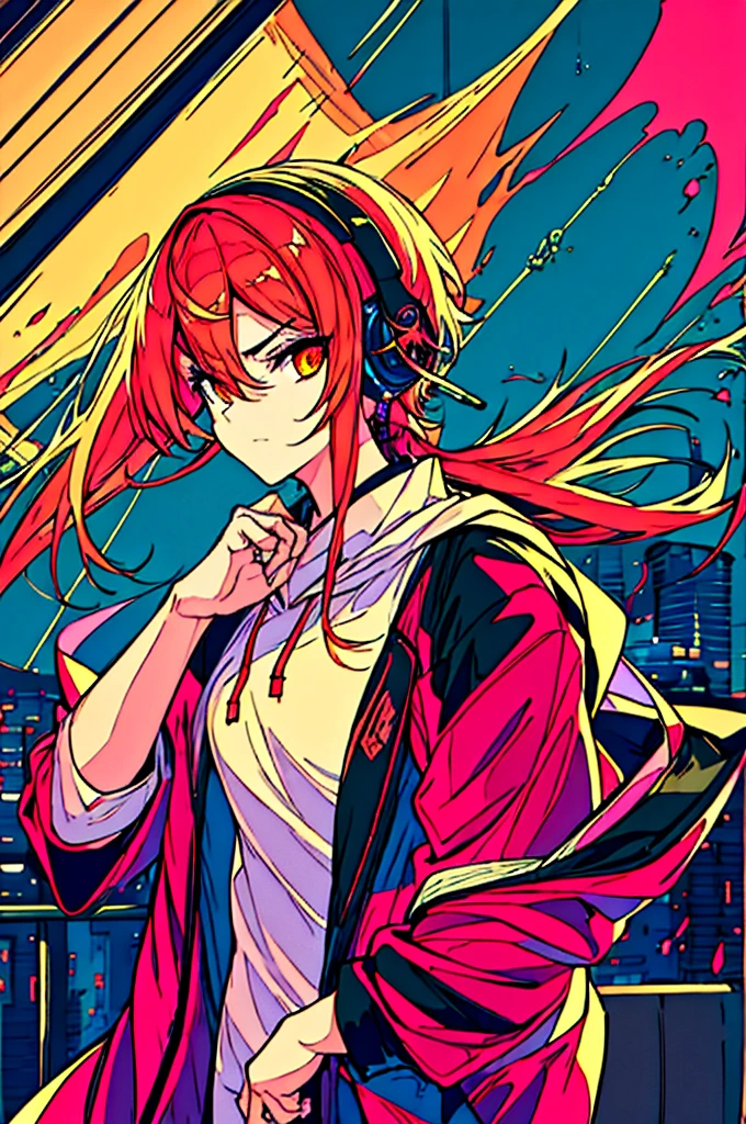 16K, High resolution, RTTX 10.0, Ray Tracing, Neon Lightの明かり, Absurd, Top quality masterpiece, Perfect anatomy and highly detailed face, Fine grain, One young man, alone, Heavy rainy night, A night of record-breaking rain, Sky blue raincoat, Violet Hoodie, Wear a raincoat, とても深いfog, Wear the hood deeply, Wearing a robe, Gaming headphones, Put the headphones around your neck, Large headphones, 非常にLarge headphones, Beautiful Hair, Brown eyebrows, Golden eyebrows, Modest eyebrows, inconspicuous eyebrows, Orange eyebrows, Eyebrows are brown, Eyebrows are modest, Light Hair Color, Cut Hair, very beautiful, Edgy, nice, Evil Aura, Very windy, Glowing Eyes, Rage, Deep hatred, dystopian city, Futuristic, Detailed Background, Awards, Neon Light, Blood splatter, fog, Talked about at the art station