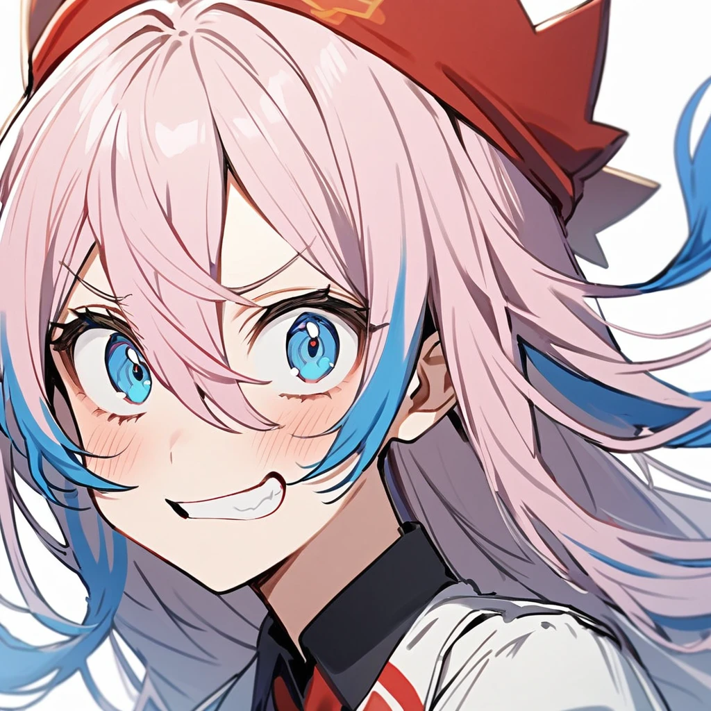 1 girl in the style of my hero academy, light pink hair, long hair, hair with blue tips, light blue eyes, uniform yes UA, White background, Grinning, tilted face 