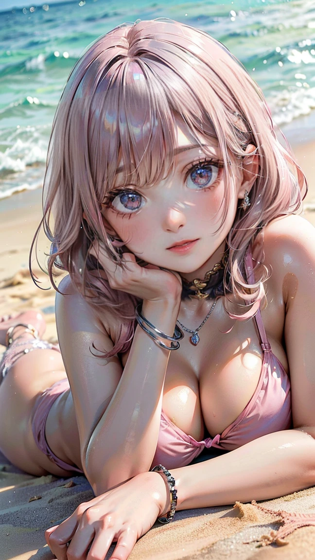 (Masterpiece, BestQuality:1.3), (ultra detailed:1.2), (hyperrealistic:1.3), (RAW photo:1.2), High detail RAW color photo, professional photograph, (Photorealistic:1.4), (realistic:1.4), (Pink Hair:1.5), professional lighting, perfect anatomy, (Big Breasts:1.2), (blush, detailed face), (cheerful Smile:1.5), Trending Hair&Trending Hairカラーをランダムに, earrings, necklace, bracelet, sexly, erotic sexly, Random sexy gravure poses, (Beautiful woman in salmon pink bikini、Enjoying a tan on the beach、Silver Anklet、Lying on the sand。:1.3)