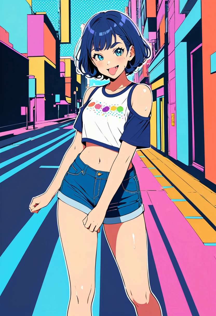 flat color,anime,(masterpiece, best quality:1.1),
girl striding around the city in high spirits,
(cold shoulder cropped t-shirt),denim hot-pants,sneakers, shiny skin,
(16yo,detailed face,(darkblue wavy-short hair),parallel eyebrows,middle small breasts),
wet tongue,smile,
colorful polkadot background,