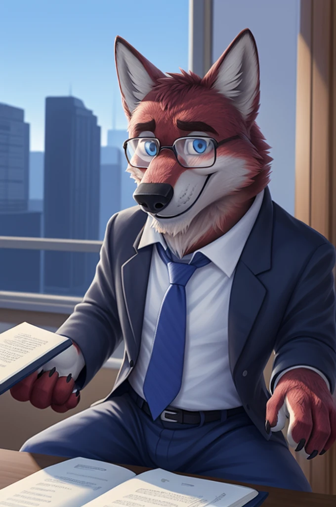 Ivan Fedorovich Wolfbach (Novosibirsk) ,Tall, handsome man, wolf,young, 24 years, brown fur,Kind,(red body:1.3),beautiful blue eyes,Novosibirsk,dressed,glasses, shirt, tie, trousers, , wolf, detailed fur, man ,paw pads, finger claws,per viewer, 5 fingers, paws, 5 fingers, smile, wrist watch, nextel, by xenoforge, (complex, high detail, digital photography, soft focus, RAW variety viewer, Very close to the camera) , variety, Novosibirsk, smile, good mood, positive, Very close to the camera, is sitting, poet of books, is sitting за компьютерным столом,cabinet, governor, writes documents, to the city, губернатор Novosibirskа, 
Photorealism, realism, digital style, Subsurface scattering, I look at the viewer, smdit writes a book, a glass of water, handle, paper, 
masterpiece, Best quality, ultra realistic, 8 thousand.)