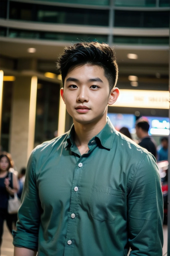 A young Asian man with large muscles looks at the camera. In a dark green button-up shirt. , Shopping mall, normal lighting, side