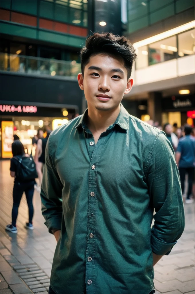 A young Asian man with large muscles looks at the camera. In a dark green button-up shirt. , Shopping mall, normal lighting, side