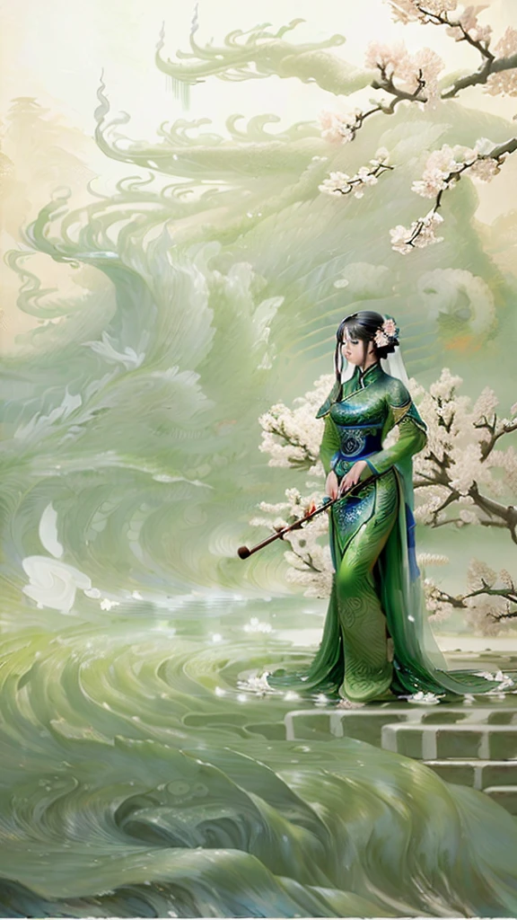 Chinese style,There is a lady in a green dress holding an umbrella, water surface,ripple, by Li Mei-shu, Inspired by Uemura Shoen, by Fei Danxu, rain, Fanhao Photography, zhang daqian, Beautiful rendering of the Tang Dynasty, Inspired by bamboo leaves