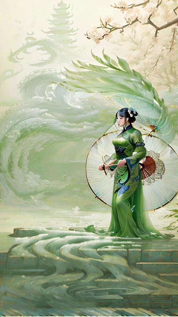 Chinese style,There is a lady in a green dress holding an umbrella, water surface,ripple, by Li Mei-shu, Inspired by Uemura Shoen, by Fei Danxu, rain, Fanhao Photography, zhang daqian, Beautiful rendering of the Tang Dynasty, Inspired by bamboo leaves