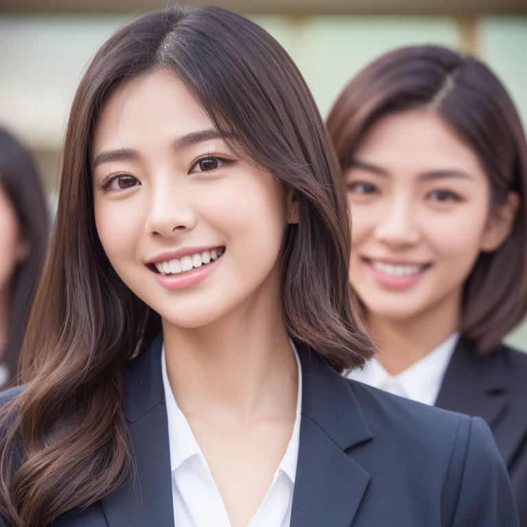 ((Highest quality)), ((masterpiece)), (detailed), One person(Highest quality, 8K, 32k, masterpiece, Ultra-high resolution:1.2),Beautiful Japanese Women Photos、Group of 2、healthy、Glowing Skin, Shallow depth of field、Contrasting、Professional Model、looking forward to it、Overbyte、mouth half open、blush:2.5、Random hairstyles for short hair、Black Hair、Face close-up、Portraiture、Teeth are visible、Big Mouth、Droopy eyes、Round face、Multiple moles、Fair skin、Active 24 year old、Brown eyes、Big smile、banker、Wear a uniform、Bank Reception、Receiving guests