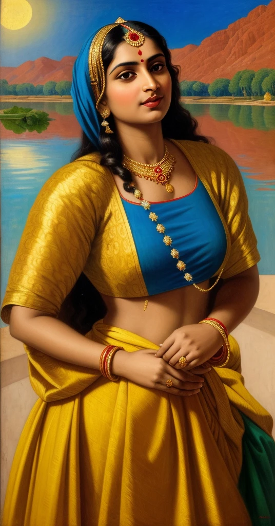 Masterpiece, painting of a woman in a blue dress with a red top and gold jewelry, inspired by Raja Ravi Varma, portrait of a beautiful goddess, by Raja Ravi Varma, a stunning portrait of a goddess, szukalski ravi varma, traditional beauty, indian goddess, beautiful goddess, portrait of modern darna, portrait of a goddess, goddess portrait, perfect body, proportional body, perfect body posture, masterpiece, Indian sensibility, exotic Indian art,