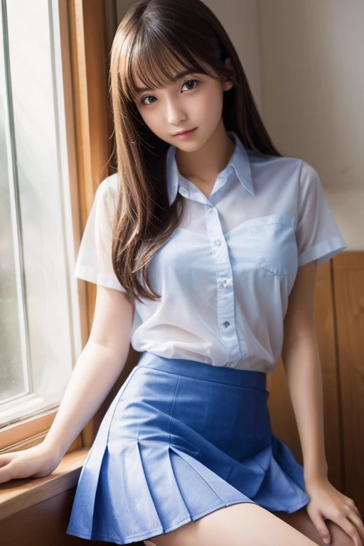 beautiful girl、high school girl、clear、mini skirt、See-through、sit