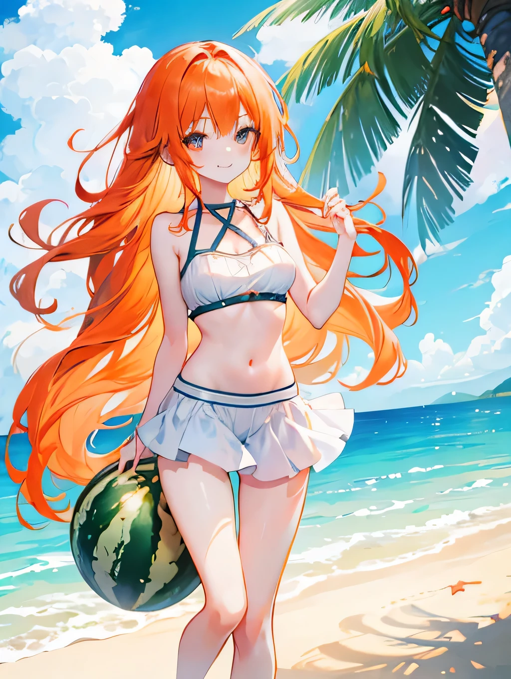 Anime girl, 25 year old, long orange hair, smile, beach , summer, colourful, sunlight, dynamic, fun, water, coconut tree, sky, watermelon, sandy beach