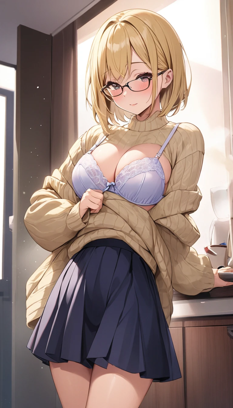 Blonde medium-length glasses wife with a desire to cuckold shows off her bra、sweater、flare skirt