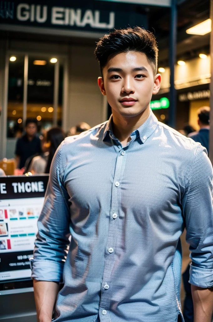 A young Asian man with large muscles looks at the camera. In a dark yellow button-up shirt. , Shopping mall, normal lighting, side