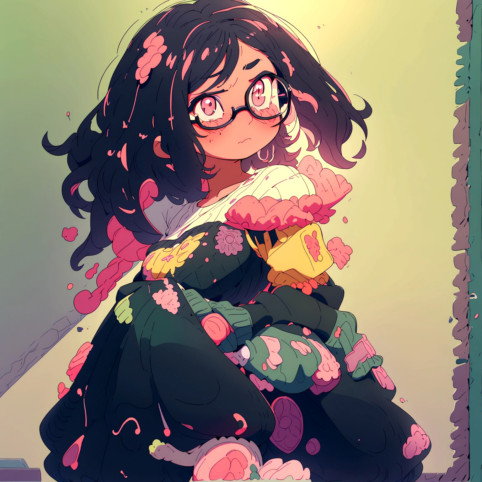 A bob-cut elementary school girl wearing glasses without underwear, no wearing, rubbing her breasts, large breasts, looking up, black hair, winking, inside school, pastel colors, sad, summer