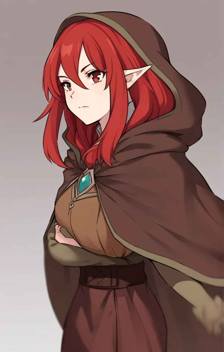 half elf, mature woman, dnd, adventurer, brown cloak, elegant, long red hair, flat chest, hood on