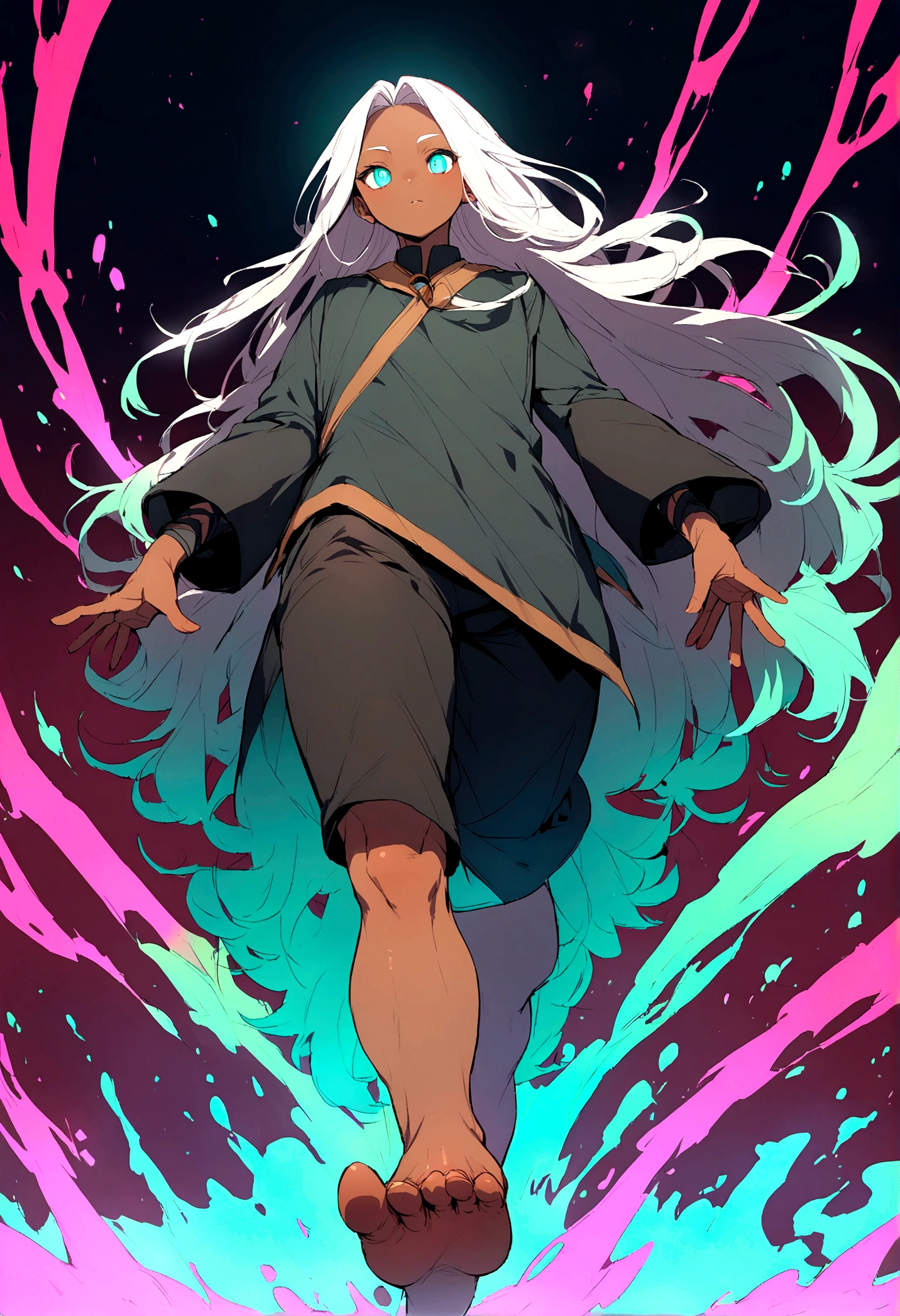 short man, with long hair, dark skin and very large feet