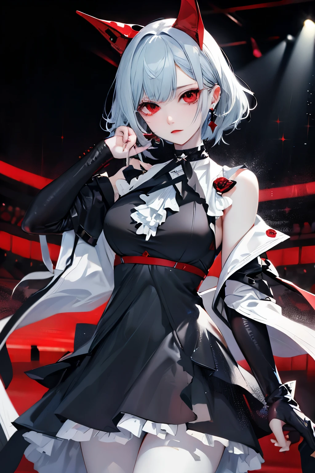 highest quality、Masterpiece、wear a sexy、Red eyes、Wearing a black aura、Staring blankly at the audience、Best Images、Tabletop、Cross Earrings、Beautiful woman、Sexy Dress、