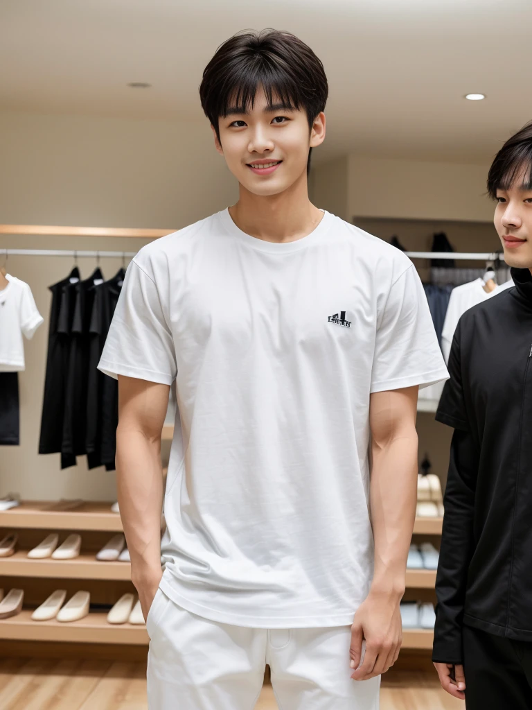 独奏: 1.5, (As a matter of fact, Masterpiece, 8k HD, good light quality, sportswear, fit the face, complicated details), A handsome Korean young man with muscular arms. , 20 years old, be happy, smile brightly, detailed face, delicate eyes, look at the sky, Wear a tight white t-shirt.:1.6 ,Wear a coat, jeans period, black eyes, Black hair color, ผมsmooth, smooth，Surreal，Awesome details，Highest quality，real，Open your mouth to talk. , Close your eyes., (standing in department store:1.5)