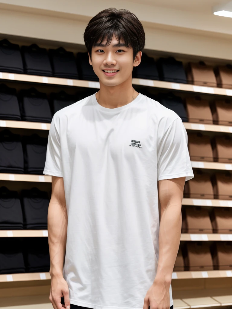 独奏: 1.5, (As a matter of fact, Masterpiece, 8k HD, good light quality, sportswear, fit the face, complicated details), A handsome Korean young man with muscular arms. , 20 years old, be happy, smile brightly, detailed face, delicate eyes, look at the sky, Wear a tight white t-shirt.:1.6 ,Wear a coat, jeans period, black eyes, Black hair color, ผมsmooth, smooth，Surreal，Awesome details，Highest quality，real，Open your mouth to talk. , Close your eyes., (standing in department store:1.5)