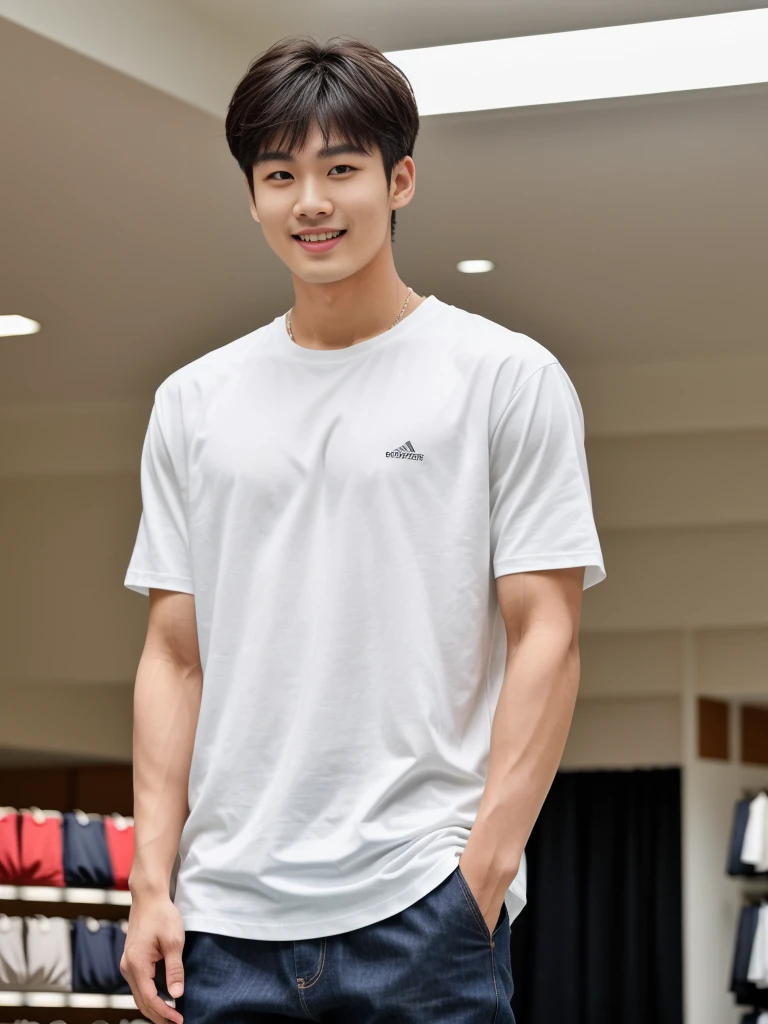 独奏: 1.5, (As a matter of fact, Masterpiece, 8k HD, good light quality, sportswear, fit the face, complicated details), A handsome Korean young man with muscular arms. , 20 years old, be happy, smile brightly, detailed face, delicate eyes, look at the sky, Wear a tight white t-shirt.:1.6 ,Wear a coat, jeans period, black eyes, Black hair color, ผมsmooth, smooth，Surreal，Awesome details，Highest quality，real，Open your mouth to talk. , Close your eyes., (standing in department store:1.5)