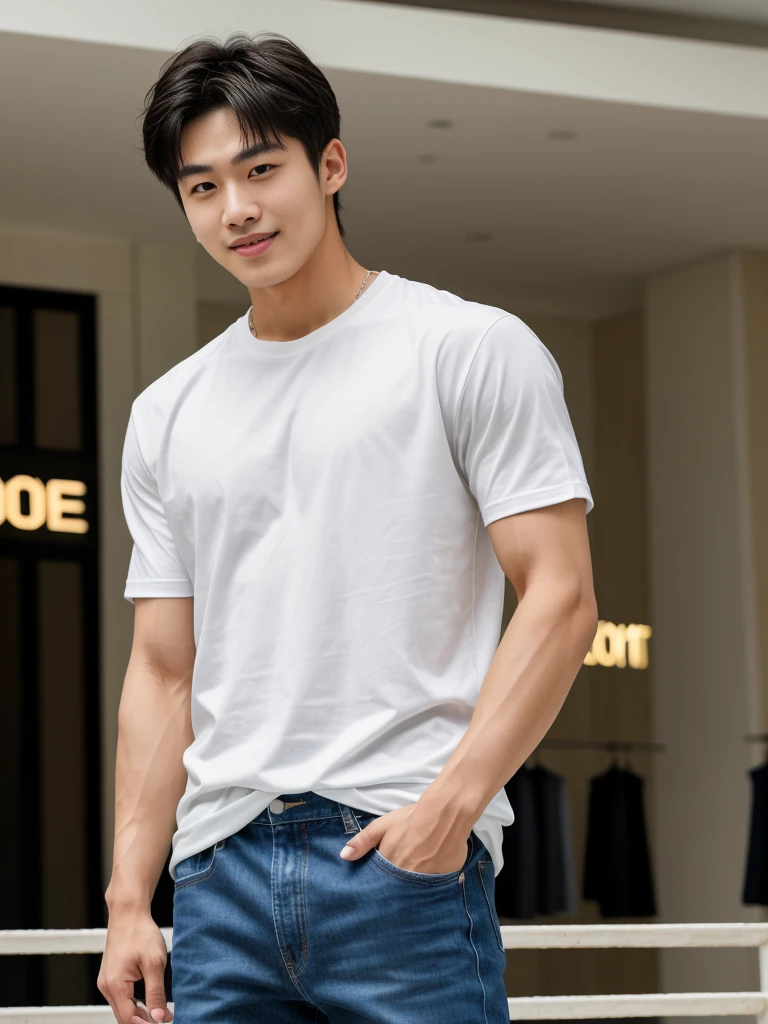 独奏: 1.5, (As a matter of fact, Masterpiece, 8k HD, good light quality, sportswear, fit the face, complicated details), A handsome Korean young man with muscular arms. , 20 years old, be happy, smile brightly, detailed face, delicate eyes, look at the sky, Wear a tight white t-shirt.:1.6 ,Wear a coat, jeans period, black eyes, Black hair color, ผมsmooth, smooth,Surreal,Awesome details,Highest quality,real,Open your mouth to talk. , Close your eyes., (standing in department store:1.5)