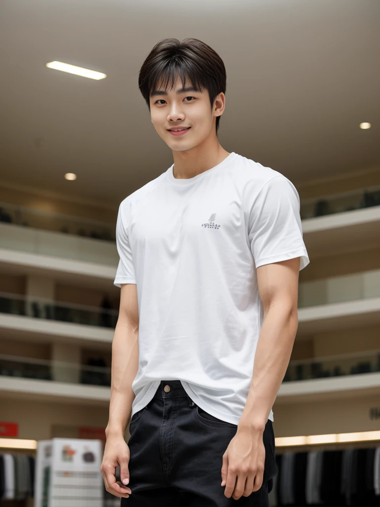 独奏: 1.5, (As a matter of fact, Masterpiece, 8k HD, good light quality, sportswear, fit the face, complicated details), A handsome Korean young man with muscular arms. , 20 years old, be happy, smile brightly, detailed face, delicate eyes, look at the sky, Wear a tight white t-shirt.:1.6 ,Wear a coat, jeans period, black eyes, Black hair color, ผมsmooth, smooth,Surreal,Awesome details,Highest quality,real,Open your mouth to talk. , Close your eyes., (standing in department store:1.5)