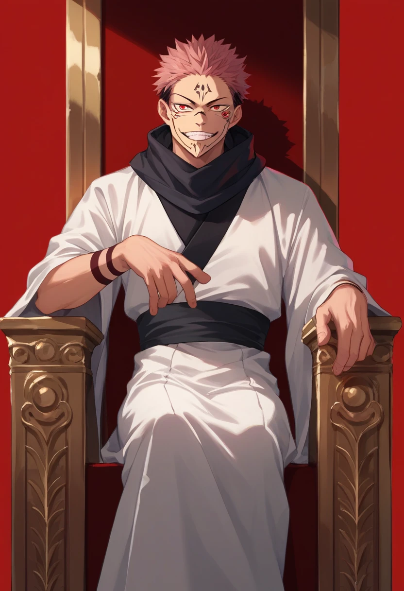 score_9, score_8_up, score_7_up, source_anime, red background, pillar, cowboy shot, third-quarter view, solo, male focus, 1boy, ryomen sukuna, facial tattoo, extra eyes, evil grin, looking at viewer, sitting, throne, white kimono, wide sleeves, black scarf 