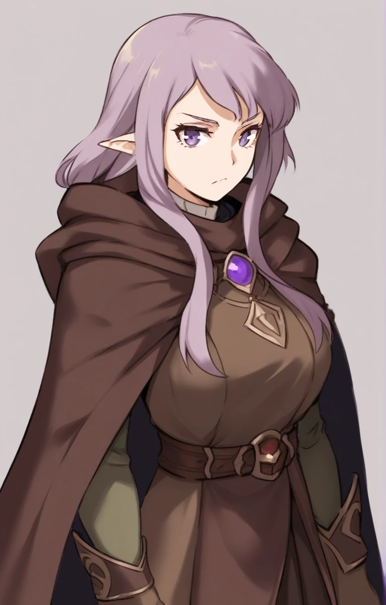 half elf, mature woman, dnd, adventurer, brown cloak, elegant, long violet hair, flat chest, hood on