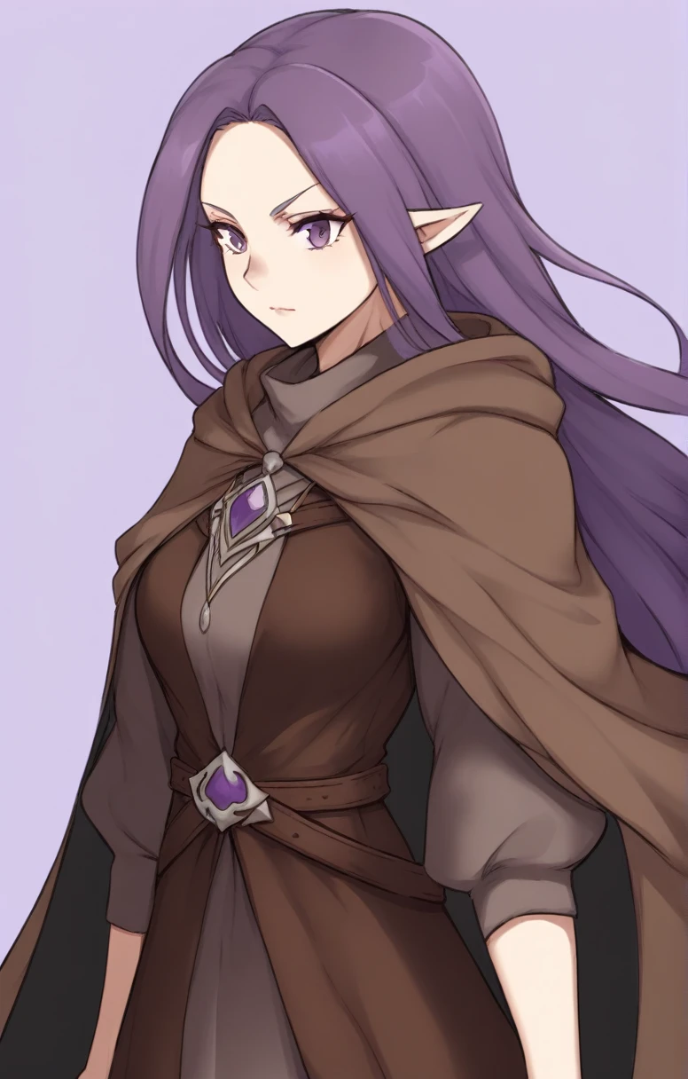 half elf, mature woman, dnd, adventurer, brown cloak, elegant, long violet hair, flat chest, hood on