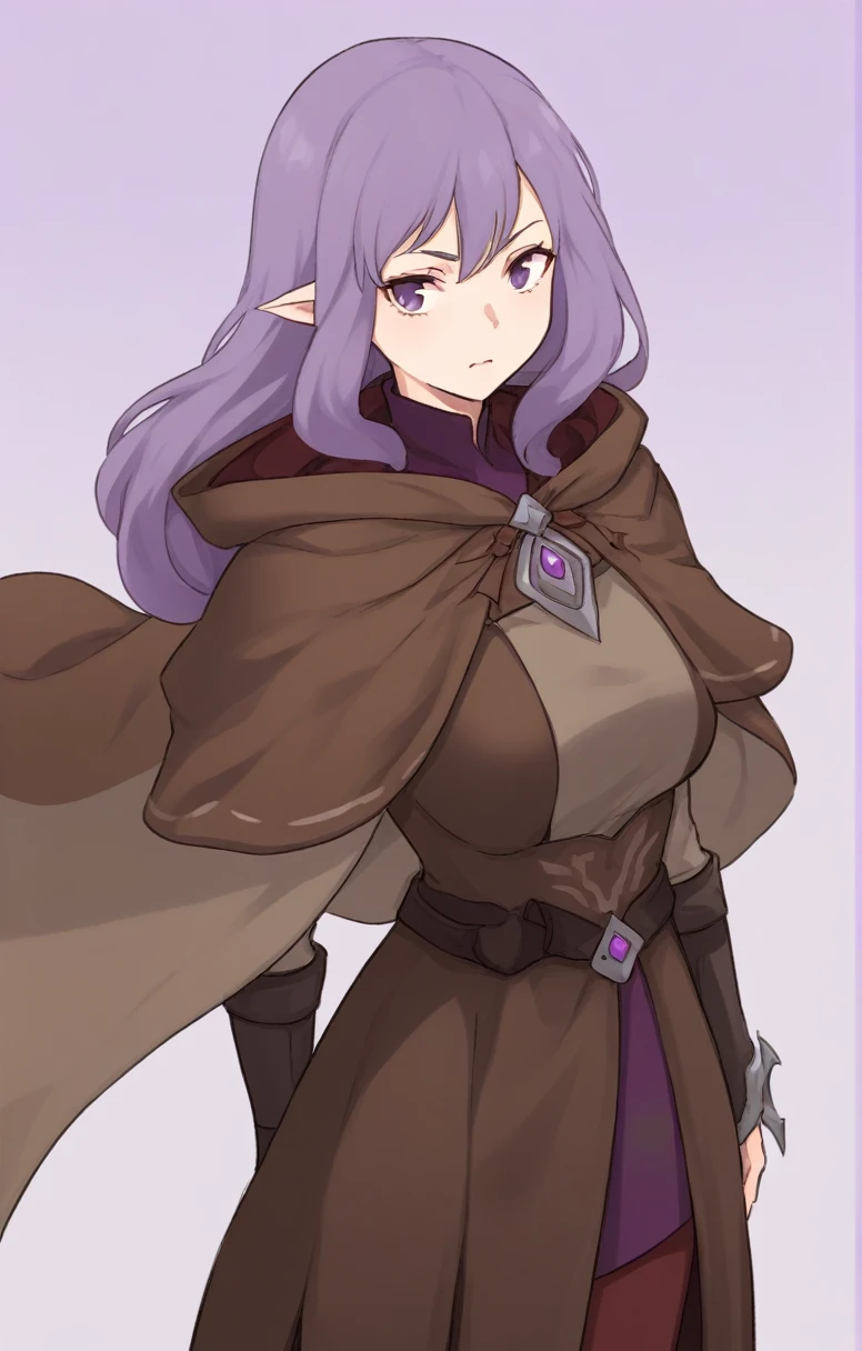 half elf, mature woman, dnd, adventurer, brown cloak, elegant, long violet hair, flat chest, hood on