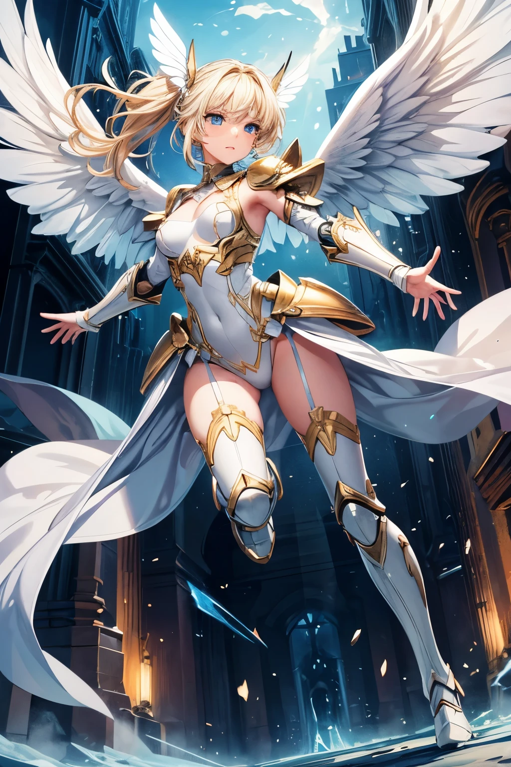 masterpiece,Highest quality,Very detailed,Angel fighting in the air,Heavily armed,Blonde,Beautiful and detailed eyes,skinny,Small breasts,Beautiful shining white wings,White mechanical armor, full body,battlefield,Dynamic perspective and pose