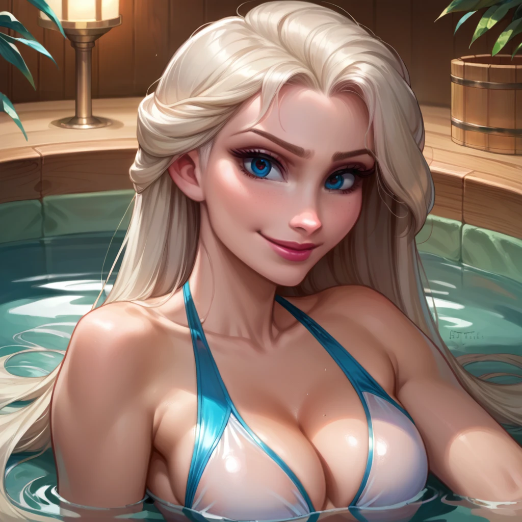 score_9, score_8_up, score_8_up, source_cartoon, detailed soft lighting, 1girl, solo, Elsa from Frozen, cleavage, sexy swimsuit, in the hot tub, very detailed, beautiful eyes, beautiful face, beautiful lips, model poses, pretty smile, (masterpiece, best quality, highly detailed, beautiful).